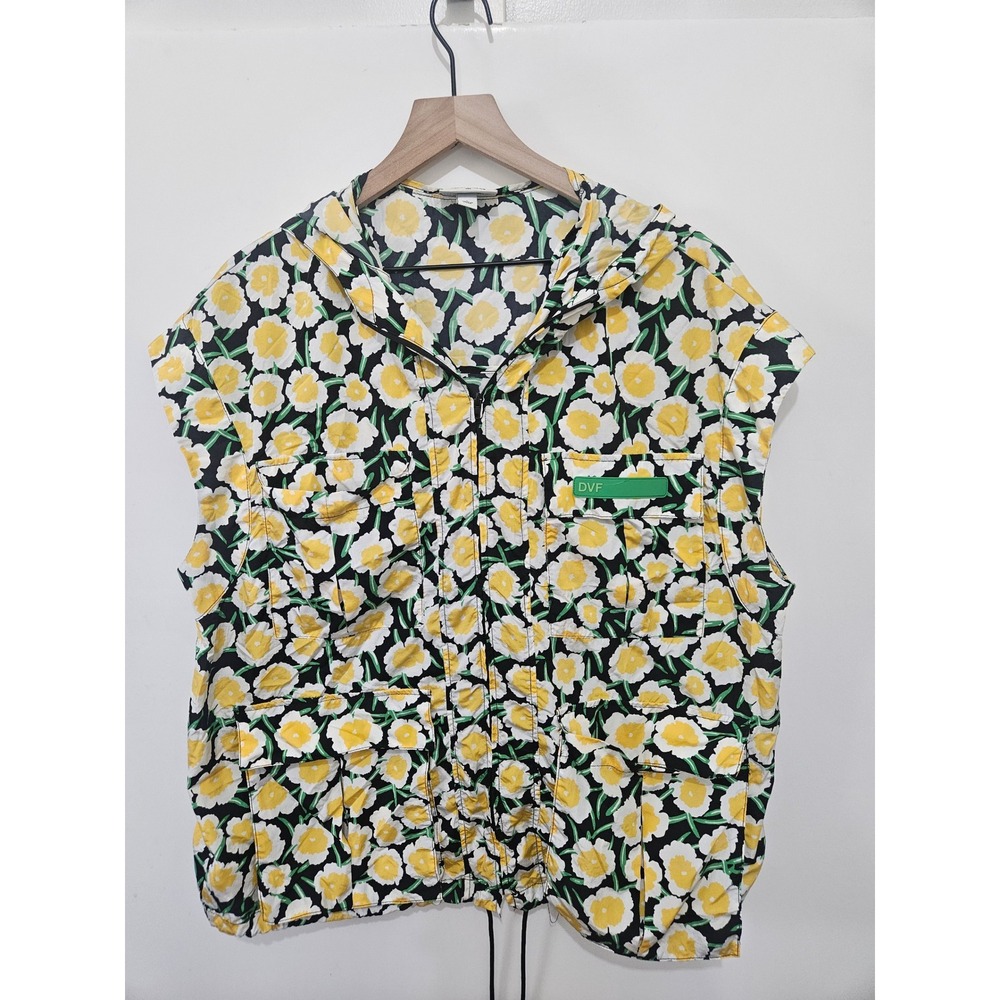 Diane von Furstenberg DVF Target Floral Nylon Hooded Vest‎ Yellow White Daisy L